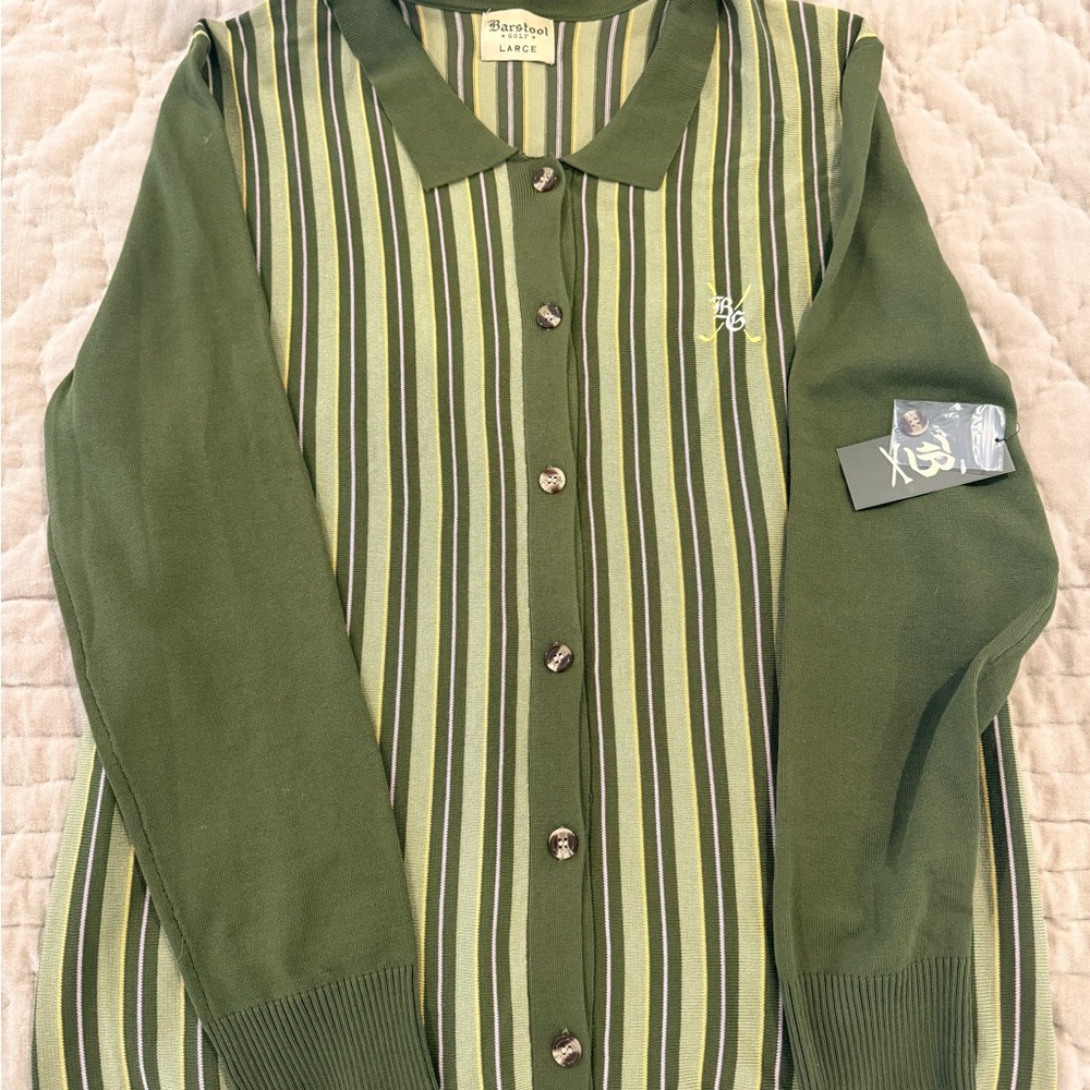 Barstool Classics Olive Green Striped Polo-Front Cardigan
